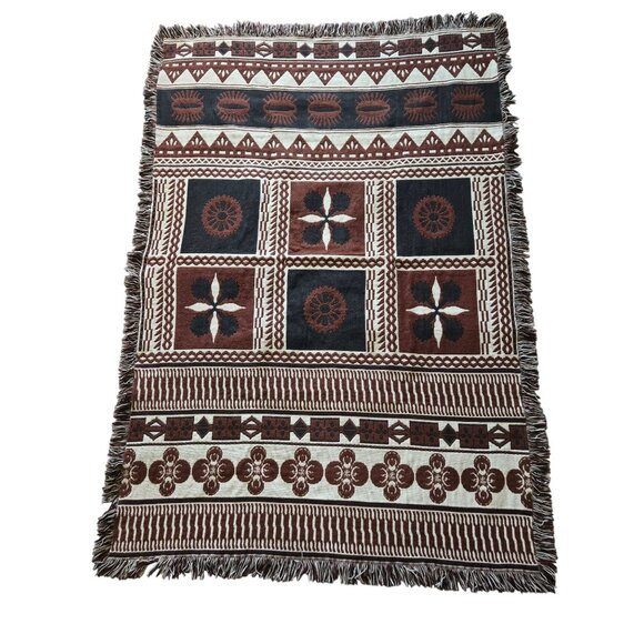 Vintage Throw Blanket Handcrafted Geometric Design Fringed Edges - Picture 2 of 4